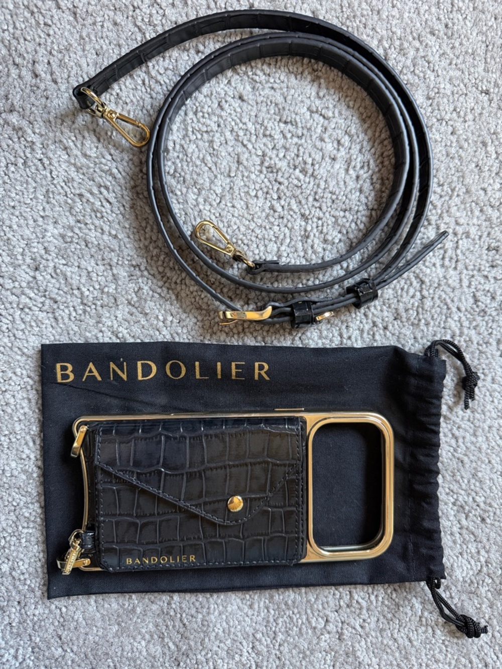 Bandolier Black Croc-Embossed Leather Phone Crossbody with Gold Hardware